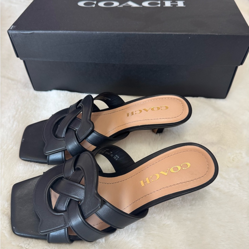 Coach Tillie Black Leather Heeled Slides Size 5 - Picture 2 of 6